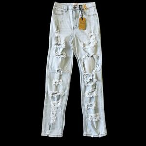 Vibrant MIU High Rise Distressed Straight Jeans Light Wash sz 9 28 Ripped NWT